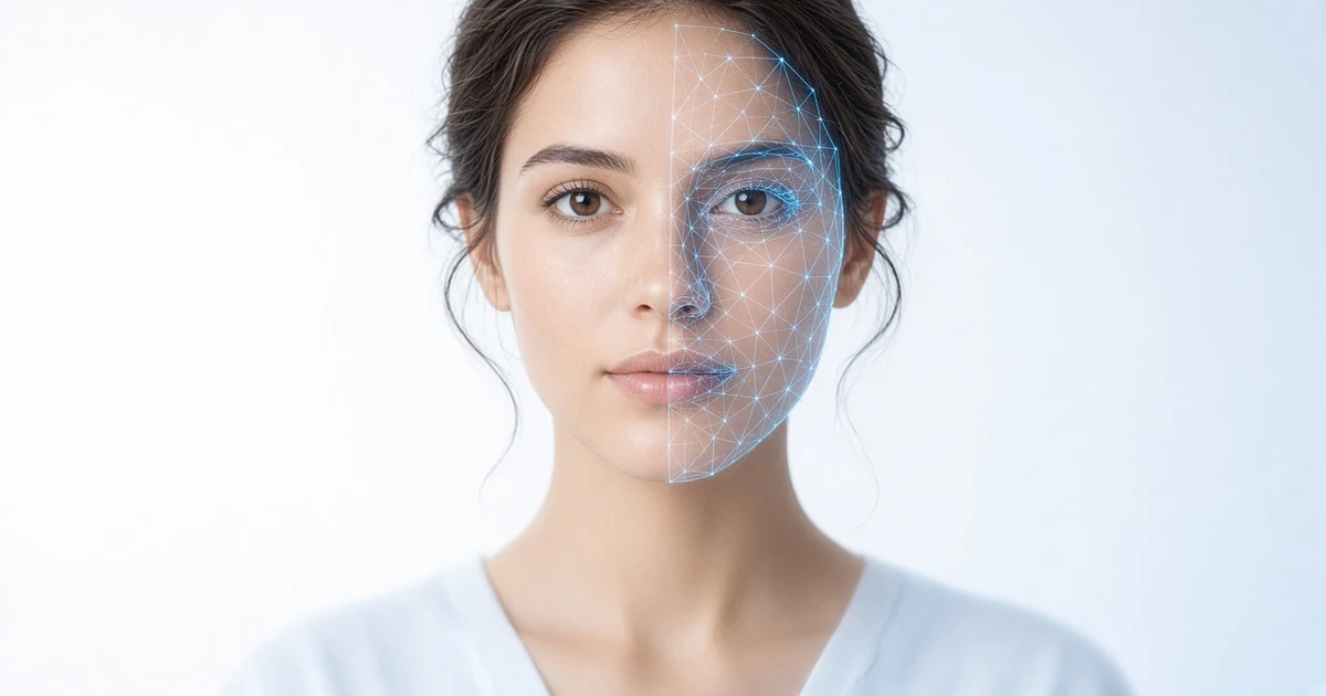 Woman's face in a bright studio with a blue digital face-mesh over one half, showing how AI can map and copy a face