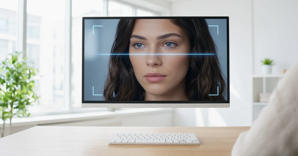 Monitor in a bright office showing a woman's face in a video with a blue scan line and focus markers, checking the video for deepfake signs