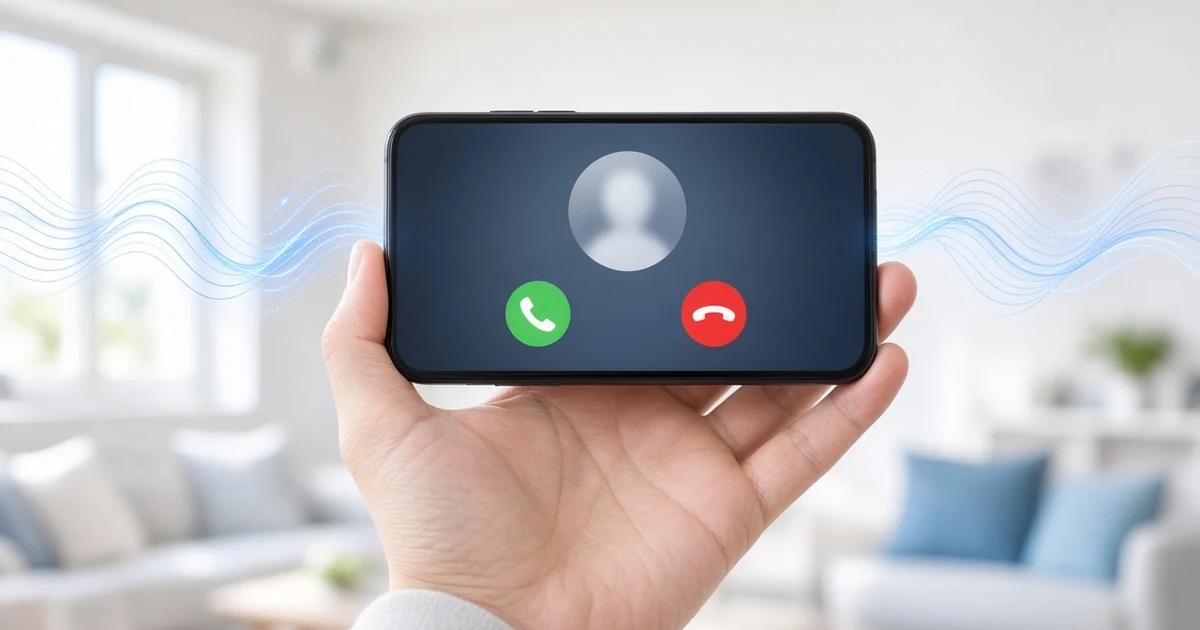 Hand holding a smartphone showing an incoming call from an unknown caller, with blue sound waves around it, representing a cloned voice call